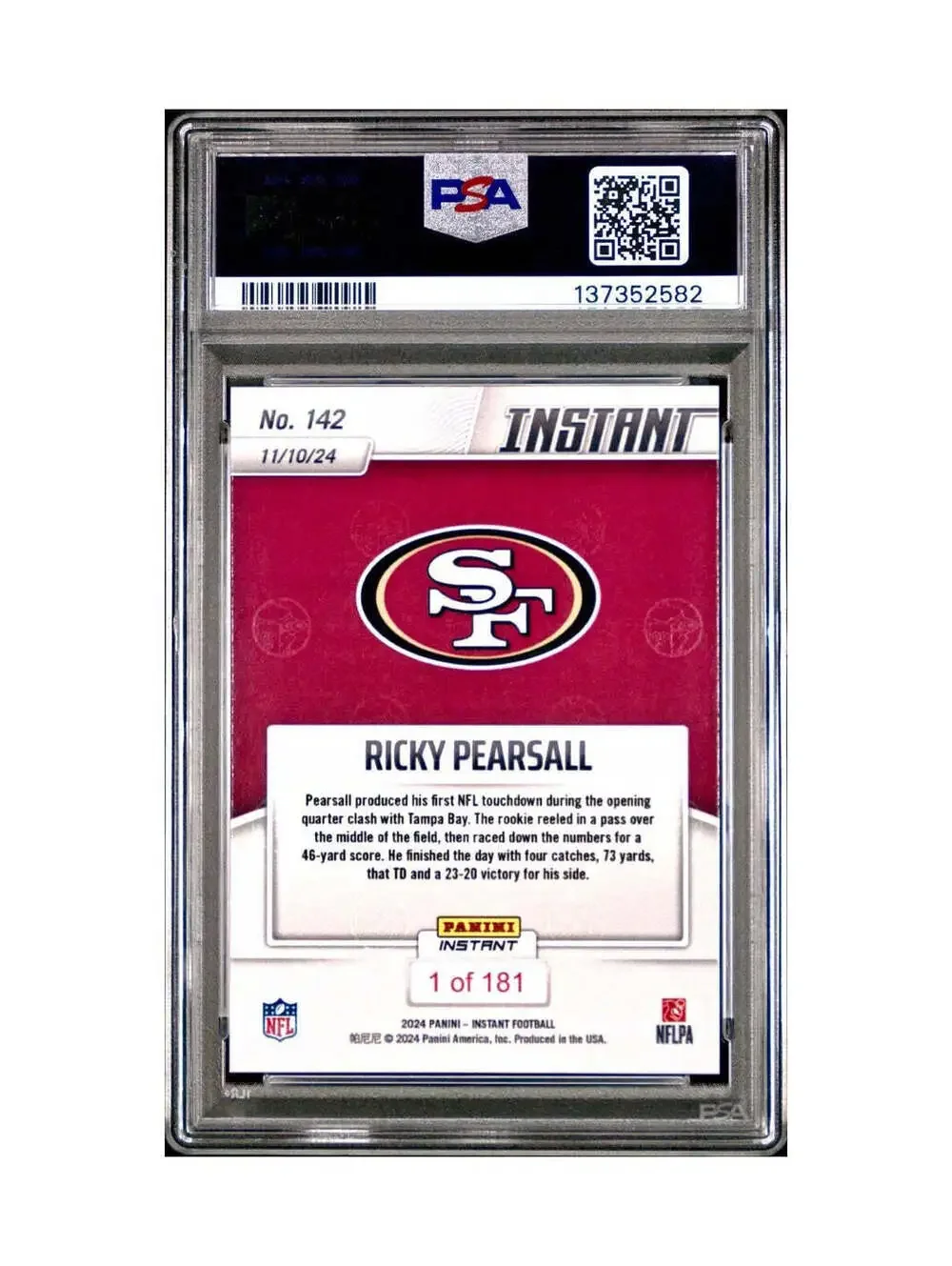 Ricky Pearsall Rookie 2024 Panini Instant NFL #142 PSA 10 Gem Mint